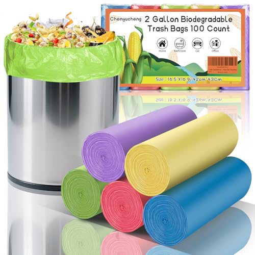 2 Gallon Small Bathroom Trash Bags - Colorful Biodegradable Mini Garbage Bags 100 Count Compostable Unscented Little Waste Basket Kitchen Office Car Tiny Liners Bulk Strong Thick Chenyucheng - style: 2gallon Colorful 100