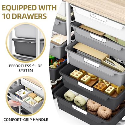 10 Drawers Rolling Cart with Wooden Tabletop, Utility Storage Cart with Wheels, Art Supply Craft Organizer on Wheel with Metal Frame & Handles for Home Office School,Grey - color: Grey
