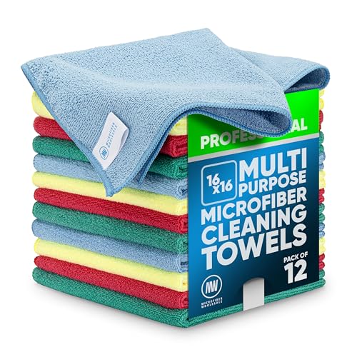 MW Pro Microfiber Cleaning Cloth | Blue Green Red Yellow | 12 Pack | 16” x 16” | All Purpose Microfiber Towels - Clean, Dust, Polish, Scrub, Absorbent - color: Blue, Green, Red, Yellow