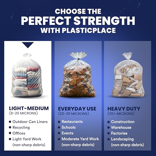 Plasticplace W55HDC1 55-60 gallon Trash Bags │ 12 Microns │ Clear High Density Garbage Can Liners │ 36” x 60” (200Count)