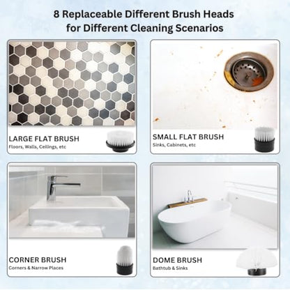 Electric Spin Scrubber, Cordless Cleaning Brush with 8 Replaceable Heads, Adjustable Handle, Dual Speed Power Scrubber for Bathroom, Bathtub, Floor, Tile, and Kitchen Cleaning