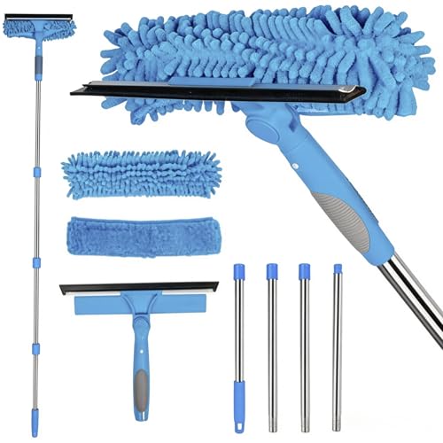 68'' Window Squeegee Cleaner Kit - 2-in-1 Rotatable Window Cleaning Tool with Extension Pole, Professional Streak-Free Squeegee with Bendable Head for Indoor/Outdoor Windows Car Glass (Blue, 38.45FT) - color: Blue