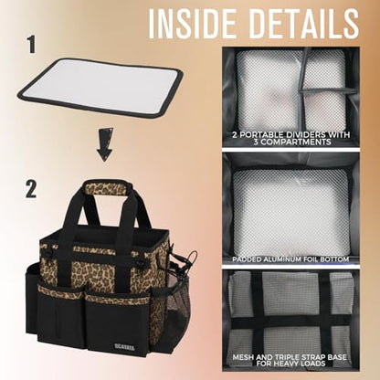 SCAVATA Compact Wearable Cleaning Caddy, Small Cleaning Supplies Organizer with Handle & Shoulder Straps for Housekeepers, under Sink & Car Cleaning Tool Organizers Bag (Leopard) - color: Leopard