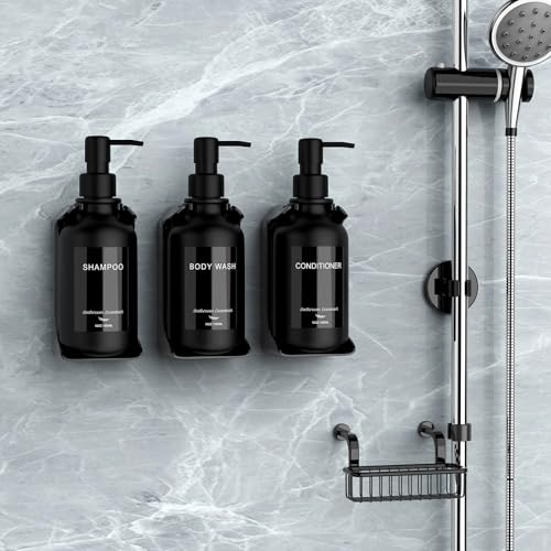Modern Shampoo and Conditioner Dispenser - Shower Soap Dispenser Wall Mounted - 16 oz Set of 3 Plastic Black Bottles with Black Pumps - Stylish Shampoo Dispenser, Shower Dispenser 3 Chamber No Drill - color: Black