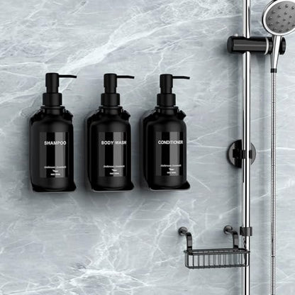 Modern Shampoo and Conditioner Dispenser - Shower Soap Dispenser Wall Mounted - 16 oz Set of 3 Plastic Black Bottles with Black Pumps - Stylish Shampoo Dispenser, Shower Dispenser 3 Chamber No Drill - color: Black