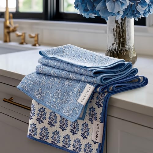 RECYCO Waffle Kitchen Towel Set of 2 - Quick Dry Microfiber Sustainable Dish Towels - Ultra Absorbent Reusable Cleaning Tea Towels - Lightweight Hand Towels,16”x 28”, Porcelain Blue - color: Porcelain Blue