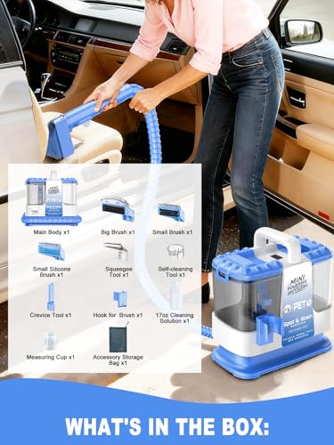 Portable Carpet & Upholstery Cleaner Machine for Pets, Spot, Stain, Couch Cleaner Machine with Powerful Suction and and Cleaning Solution, Car/Auto Detailer, Lightweight Compact Design, Blue - color: Blue w/ Cleaning Solution