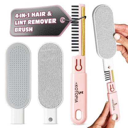 4-in-1 Pet Hair and Lint Remover Brush – Reusable Fabric and Clothing Cleaner for Pet Hair, Lint and Fur – Handheld Multi-Surface Tool for Clothes, Upholstery, Sofa and Travel Use (Pink) - color: Pink