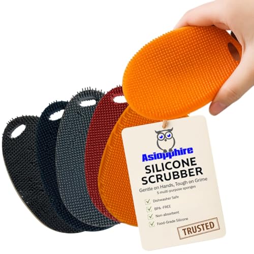 Silicone Sponge Dish Scrubber - Food Grade and Housecleaning - BPA Free Silicone Kitchen Scrubber [5 Pack Ovals Winter] - color: Winter