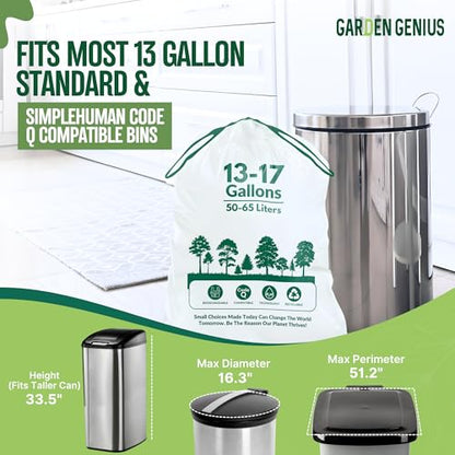 Biodegradable 13-17 Gallon Code-Q Trash Bags (50 Pack) | Strong Heavy-Duty Tall White Kitchen Bags w/Drawstring | Fits Simplehuman & Standard Cans | Eco-Friendly D2W, 30 Micron Thick | 25.6" x 33.5" - style: 13-17 Gallon Code-Q (50-Pack) White