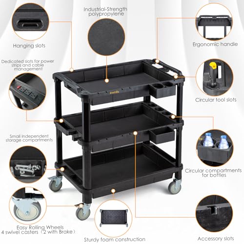 ELAFROS Multi-Use Utility Cart - 32.4x18.3 Heavy-Duty Service Cart with 3 Deep Shelves, Industrial-Grade Tool Cart Mobile Organizer, Rolling cart Holds up to 500 lbs, Black - style: Standard