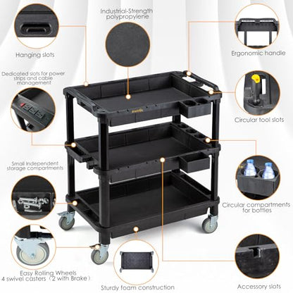 ELAFROS Multi-Use Utility Cart - 32.4x18.3 Heavy-Duty Service Cart with 3 Deep Shelves, Industrial-Grade Tool Cart Mobile Organizer, Rolling cart Holds up to 500 lbs, Black - style: Standard