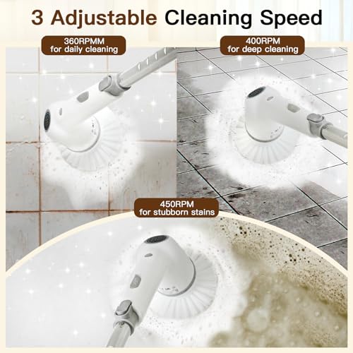 Electric Spin Scrubber, Cordless Cleaning Brush with 8 Replaceable Brush Heads, 3 Adjustable Bathroom Scrubber Speed Up to 450 RPM - color: Black