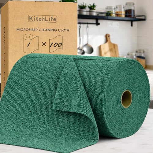 KitchLife Microfiber Cleaning Cloth Roll, 100 Pack - Tear-Away Microfiber Paper Towels, Lint-Free, Reusable, Washable for Kitchen, Car, Dishes, and Sensitive Surfaces (Forest Green) - color: Forest Green, size: 100 Pack