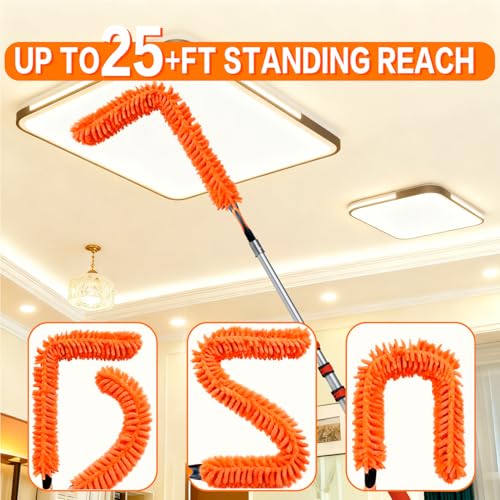 20FT High Reach Duster Cleaning Kit with 5-13 FTExtension Pole, High Ceiling Fan Cleaner Duster Tool for Fan Blades, Extendable Reusable Cobweb, Feather, Window Cleaning Squeegee Kit (12FT) - size: 12FT