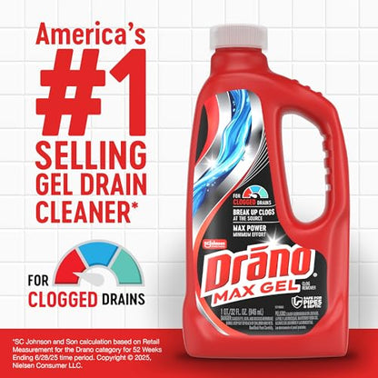 Drano Max Gel Drain Clog Remover & Cleaner, Fast-Acting to Unclog Standing Water & Remove Hair, Grease & Food Blockages, Safe for all Pipes & Septic, Kitchen Sinks, Bathroom Showers & Tubs, 32 Oz - size: 32 Fl Oz (Pack of 1)