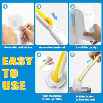 JEHONN Disposable Toilet Brush with 40PCS Wand Cleaner Refills, Wall Mounted Toilet Bowl Brush Holder Set, Bathroom Cleaning System for Sink Bathtub Wash Basin (Yellow) - color: Yellow