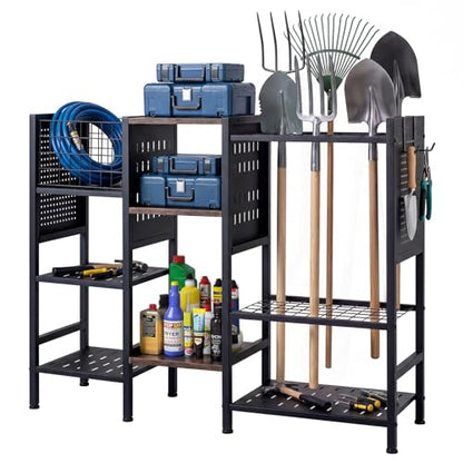 Goplus Garden Tool Organizer with Wooden Shelves, 40” Wide 3-Tier Yard Freestanding Storage Rack Holds up to 66 Long Handled Shovels, Rakes & Brooms, Heavy-Duty Tool Holder for Garage, Shed & Lawn