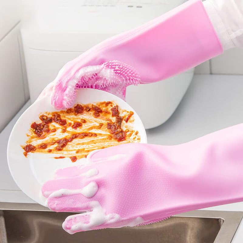 Kitchen Pot and Dish Washing Gloves, Made of Silicone, Household Cleaning Gloves for Home Use, Suitable for Kitchen Cleaning - color: Pink