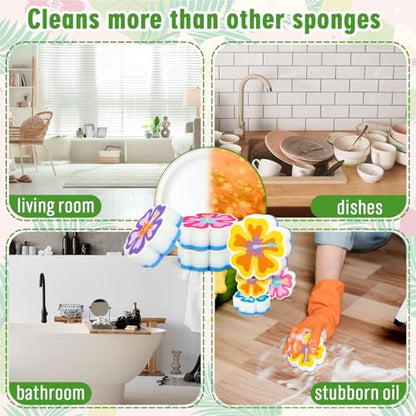 AnyDesign 4Pcs Hibiscus Flower Kitchen Sponges Water Absorbing Dish Washing Sponge Tropical Hawaiian Floral Dual Sided Non Scratch Scrubber for Summer Aloha Festival Household Supplies