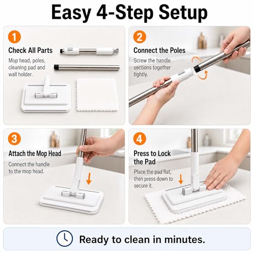 Hands Free Flat Mop with 5 Reusable Pads, One-Click Cloth Release, 53-Inch Extendable Stainless Steel Handle, Microfiber Mini Mop with Wall Holder for Hardwood, Tile, Bathroom, Kitchen and Glass