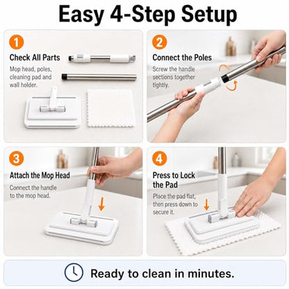 Hands Free Flat Mop with 5 Reusable Pads, One-Click Cloth Release, 53-Inch Extendable Stainless Steel Handle, Microfiber Mini Mop with Wall Holder for Hardwood, Tile, Bathroom, Kitchen and Glass