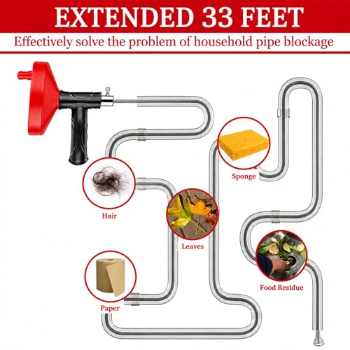 Drain Snake Auger 33 Ft, Plumbing Snake Drain Hair Clog Removal Tool, Heavy Duty Snake Auger, Sink Unclogger Drain Cleaner Tool for Bathroom Kitchen Tub Shower Drain Clog Remover with Gloves, Red