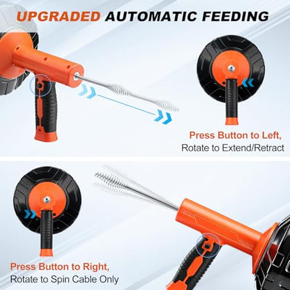 Auto-Feed Drain Snake Auger 25 ft with Drill Adapter, Plumbing Snake Drain Hair Removal Tool, Drain Auger Snake Hair Drain Clog Remover for Shower Kitchen Bathroom Sink, Come with Gloves