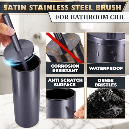 Graphite Metallic Stainless Steel Toilet Brush and Holder Set - Toilet Bowl Brush and Holder with Splash Cover, Sturdy Bristles, Corrosion & Scratch Resistant - Elegant Design, Effective Deep Cleaning - color: Graphite