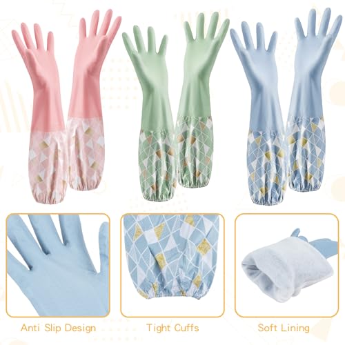Dishwashing Cleaning Gloves with Cotton Lined, 3 Pairs | Reusable, Waterproof, Non-Slip, Elbow Length, Latex-Free Household Glove For Laundry Cleaning Working Gardening