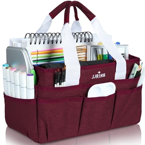 JJRING Craft Organizer Tote Bag, Art Storage Caddy with Multiple Pockets, Dark Red Sewing Bag for Art, Craft, Scrapbooking, School, Medical, and Office - color: Dark Red, size: Small