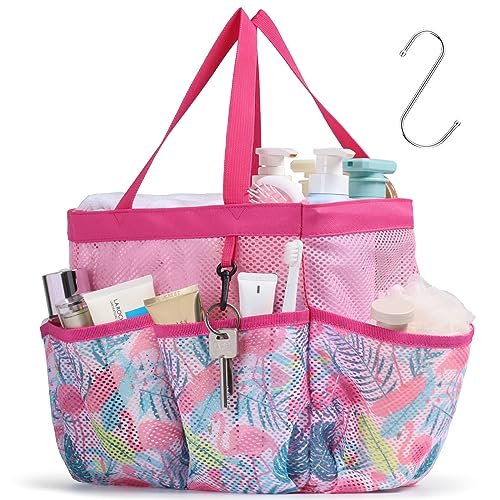 F-color Shower Caddy Portable - Mesh Shower Bag Basket Tote for College Dorm Room Essentials Bathroom Gym Camp Quick Dry for Women Men with S Hook, Pink Flamingo - color: L, Pink Flamingo, size: L (Classic Dorm Caddy)