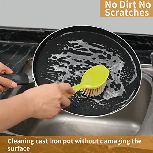 2 Pack Kitchen Dish Brush Bamboo Handle Dish Scrubber Built-in Scraper, Scrub Brush for Pans, Pots, Kitchen Sink Cleaning, Dishwashing and Cleaning Brushes are Perfect Cleaning Tools, Color-Green - style: Green
