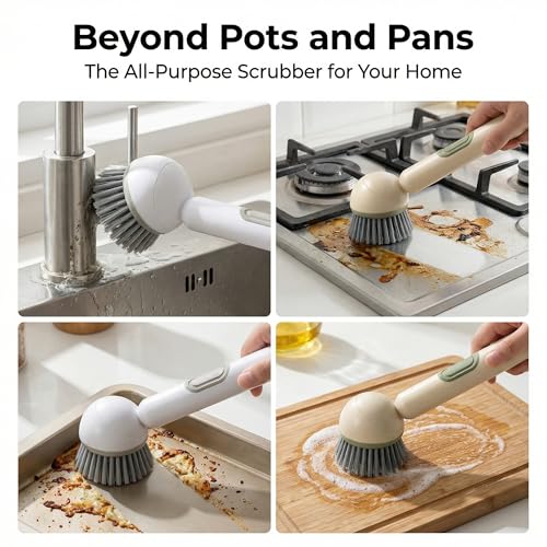 Li&Zhao Dish Brush with Soap Dispenser – Kitchen Sink Brush with Built-in Liquid Dispenser Wall Mount for Adjustable Angle Rotating, Heavy-Duty Dish Soap Brush for Sink, Stove, Cookware (2 Pack)