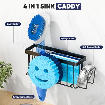MURLONG Sponge Holder for Kitchen Sink,Sink Caddy Smiley Face,4-in-1 Sponge Holder with Suction Cups & 1 PCS Adhesive Strips for Holding Soap,Brush,Scrubber,Sponge,Stopper-Black - color: Black