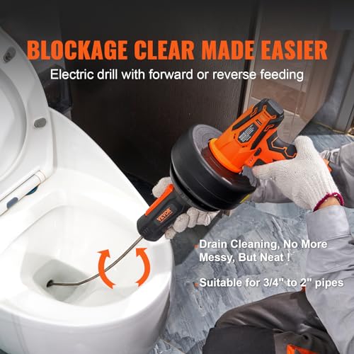 VEVOR 12V Electric Drain Auger, 25FT Cordless Plumbing Snake Auto Feed, Pipeline Snake Drain Clog Remover with Power Drill for 3/4"-2" Pipes, 2.0Ah Battery and Charger Included - style: Electric Auto-Feed