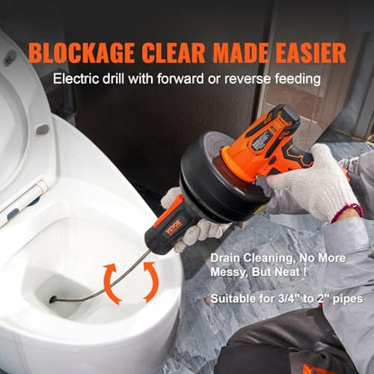 VEVOR 12V Electric Drain Auger, 25FT Cordless Plumbing Snake Auto Feed, Pipeline Snake Drain Clog Remover with Power Drill for 3/4"-2" Pipes, 2.0Ah Battery and Charger Included - style: Electric Auto-Feed