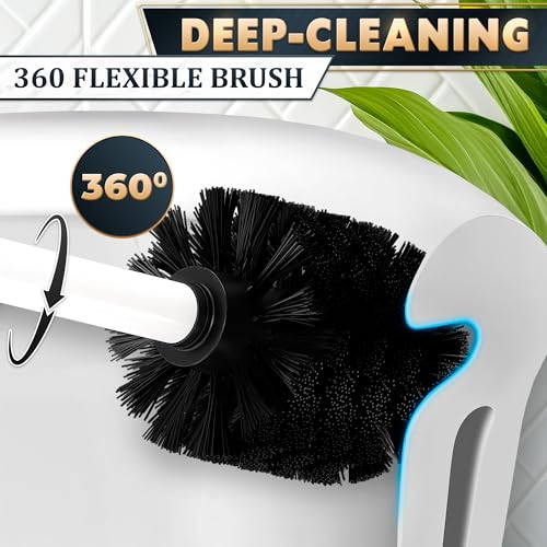 Stainless Steel Toilet Brush and Holder Set White - Long Handle Toilet Bowl Cleaner Brush and Holder - Removable Inner Liner, Shiny Design, Splash Protection & Dense Bristles for Bathroom Cleaning - color: White