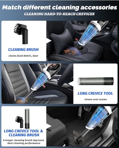 BRL Handheld Vacuum Cordless, Car Vacuum Cleaner with Powerful Suction, 2 Modes Mini Hand Vacuum, Dry & Wet, LED Light, Portable Vacuum for Car Pet Hair, Home, Office, Keyboards White Sliver