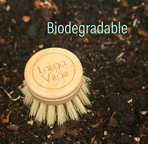 Wooden Dish Brush Made of Renewable Bamboo Wood and Natural Bristle Tampico Fiber, includes 5 Replacement Brush Heads, Durable, Long Lasting, All Purpose Kitchen Scrubber