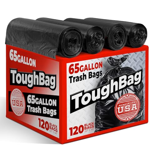 ToughBag 65 Gallon Trash Bags (120 Count) – 50x48" Large Black Garbage Can Liners – Made in USA