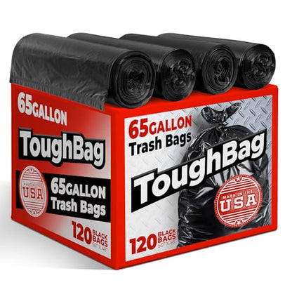 ToughBag 65 Gallon Trash Bags (120 Count) – 50x48" Large Black Garbage Can Liners – Made in USA
