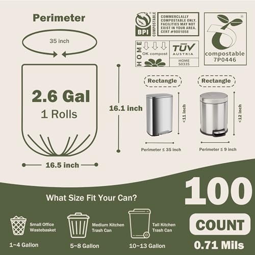 Compostable Trash Bags, 2.6 Gallon, 100 Count, 100% Compost Waste Bags for Kitchen Bathroom Office, Small Countertop Bin Compost Bags, US BPI and Europe OK Compost Home Certified - style: 2.6 Gallon