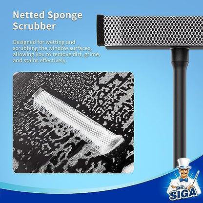 MR.SIGA Professional 2-in-1 Car Window Squeegee and Sponge Scrubber for Cleaning and Washing, Rubber Blade Cleaner With Handle, Black