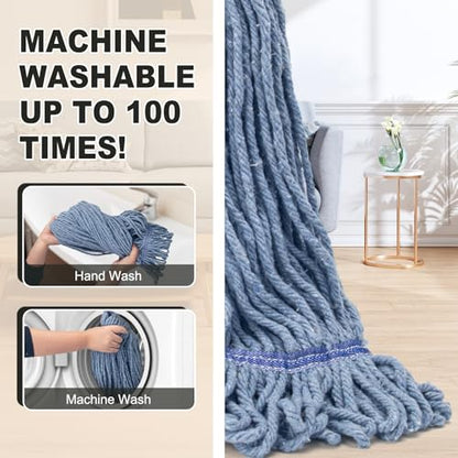 Commercial Industrial Mop with 3 Extra Large Reusable Replacement Head,59" Long Handle Heavy Duty Wet Mops,Looped-End String Cotton Mop for Floor Cleaning,House,Kitchen,Office,Garage,Tile(Yellow) - size: Yellow Handle + 3 Mop Head