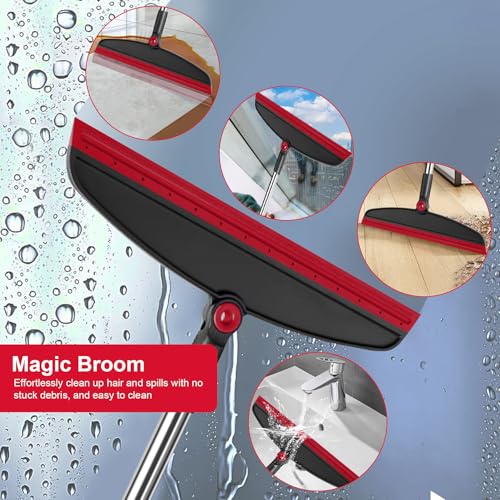 Broom with Dustpan Combo Set and Silicone Air Broom Kit, 51" Long Handle Floor Squeegee, Red Household Kit for Glass Window Rugs Pet Hair Home - color: Red