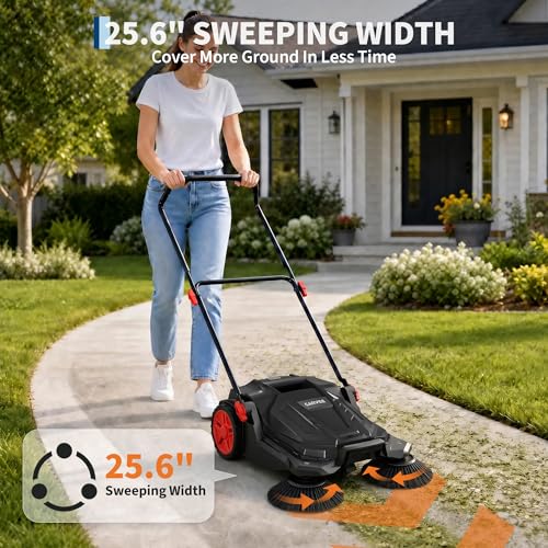 Garvee Walk-Behind Outdoor Hand Push Floor Sweeper, 25.6 in Sweeping Width Manual Push Floor Sweeper, with 5-Gallon Dust Container, Adjustable Folding Handle for Garage Patio Yard Driveway