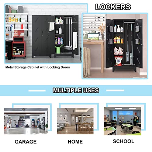 VASAAOSD 71" Broom Closet Cabinet with Hanging Rod, Tall Black Metal Storage Cabinet for Bathroom, Utility Room, and Garage - color: 71"h Black