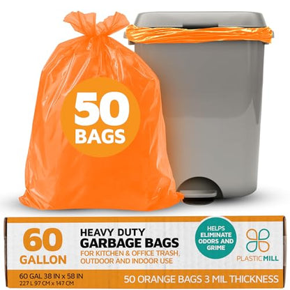 PlasticMill Heavy Duty Trash Bags - Orange Garbage Bags - Plastic Trash Bags - Tall Trash Bags, Trash Can Liners - 50-60 Gallon Large Kitchen Trash Bags, 3 Mil, 38"x58" (50-Count)