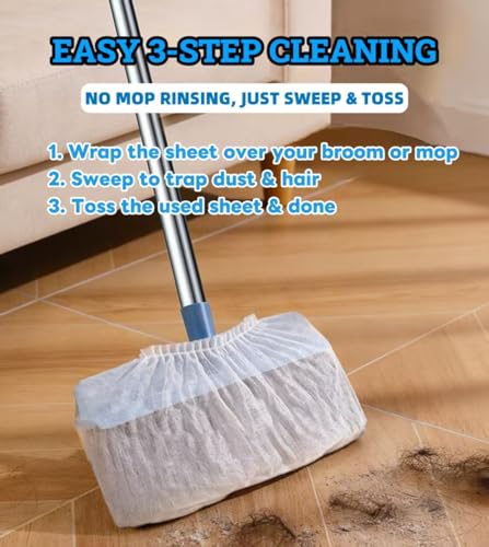 100 Pcs Disposable Broom Covers, Non-Woven Sweeper Sheets for Pet Hair Removal, Effectively Traps Dust, Lint & Hair for Floor & Carpet Cleaning, Universal Fit for Most Brooms